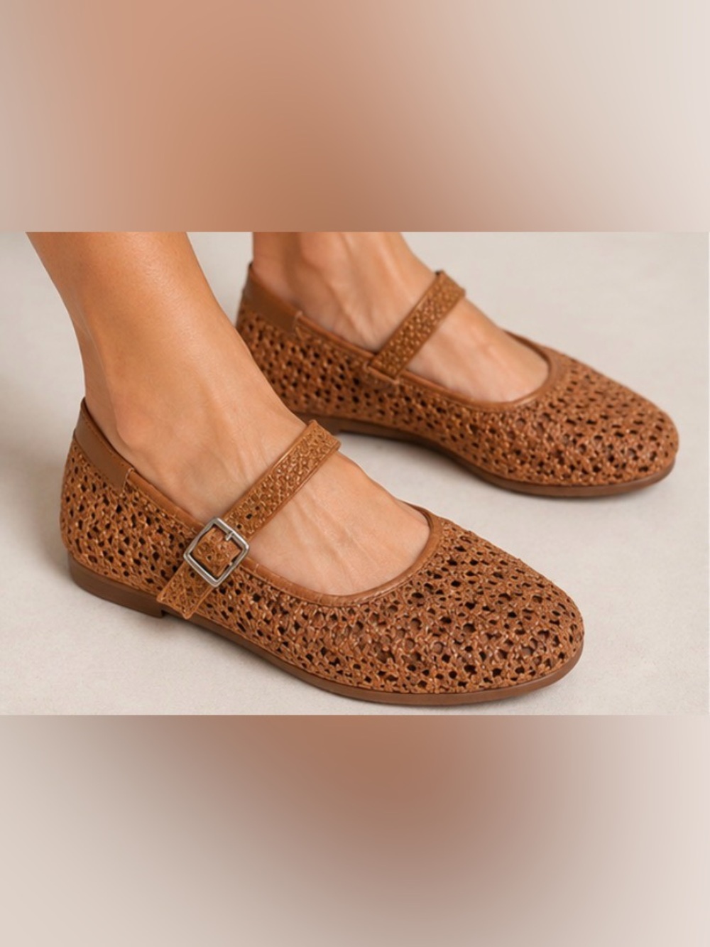Woven Mary Jane Flats in Tan Brown